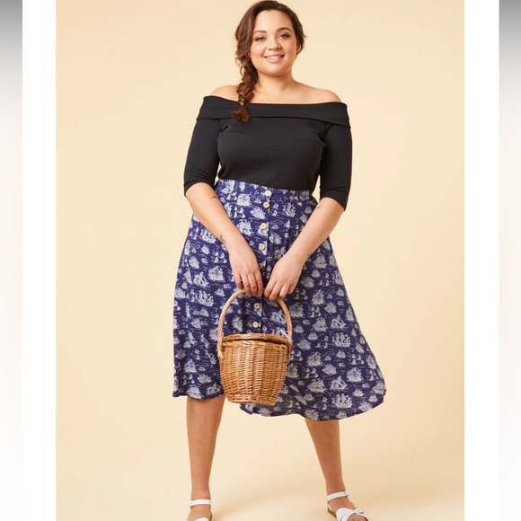 HALEY ECOVERO GALLEON PRINT BUTTON MIDI SKIRT Joanie Molly Hatch Pockets - Picture 7 of 8